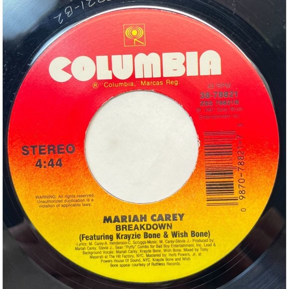 Mariah Carey My All / Breakdown 45 90's Hip Hop Pop Columbia 38-78821 - Picture 2 of 6